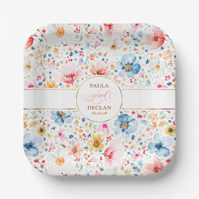 Plato De Papel Flores de acuarela romántica Boho Garden Wedding (Anverso)