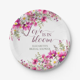 Plato De Papel Flores de acuarela rosa brillante El amor está en