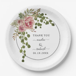 Plato De Papel Flores de acuarela rosa turbias Gracias boda