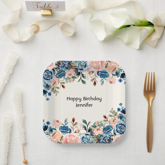 Plato De Papel Flores de acuarela rosa y azul (Boda)