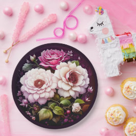 Plato De Papel Flores de acuarela rosa y púrpura