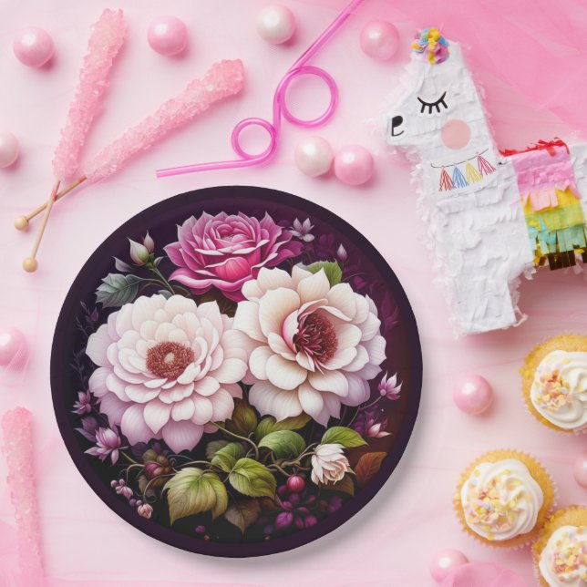 Plato De Papel Flores de acuarela rosa y púrpura (Fiesta)