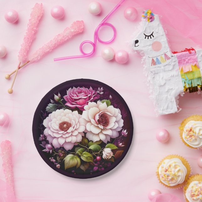 Plato De Papel Flores de acuarela rosa y púrpura (Fiesta)