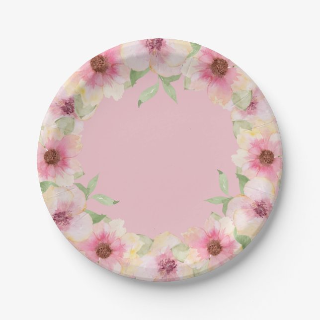 Plato De Papel Flores de Acuarela Rosadas (Anverso)