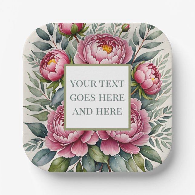 Plato De Papel flores de acuarela rosadas de peonía personalizada (Anverso)
