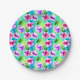 Plato De Papel Flores de acuarela rosadas, moradas, verdes y azul
