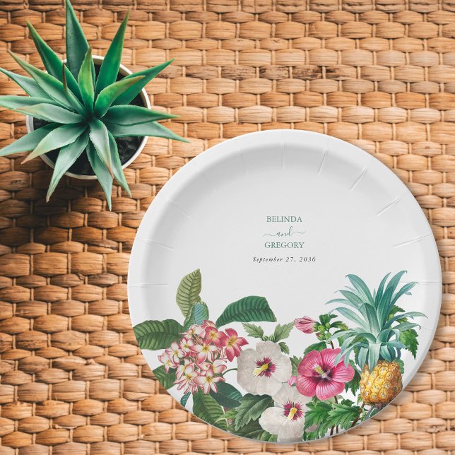 Plato De Papel Flores de acuarela tropical y Boda de vegetación (Tropical Watercolor Flowers & Greenery Wedding Paper Plates)