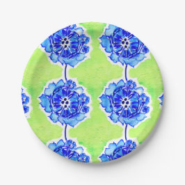 Plato De Papel Flores de acuarela verde y azul