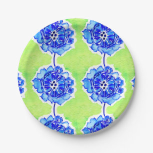 Plato De Papel Flores de acuarela verde y azul