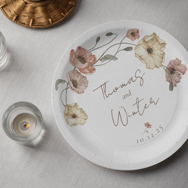 Plato De Papel Flores de adormidera islandesas Boho (Boho Icelandic Watercolor Iceland Poppy Flowers Paper Plates)