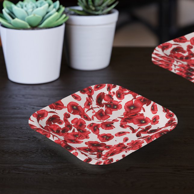 Plato De Papel Flores de adormidera roja en cascada (A poppy pattern paper plate for you to pop your popcorn on. Perfect for poppy parties and picnics)