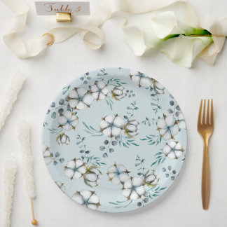 Plato De Papel Flores de algodón acuarela y eucalipto