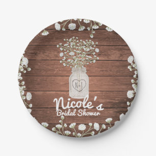 Plato De Papel Flores de Aliento de Bebé y Madera Elegante Fiesta