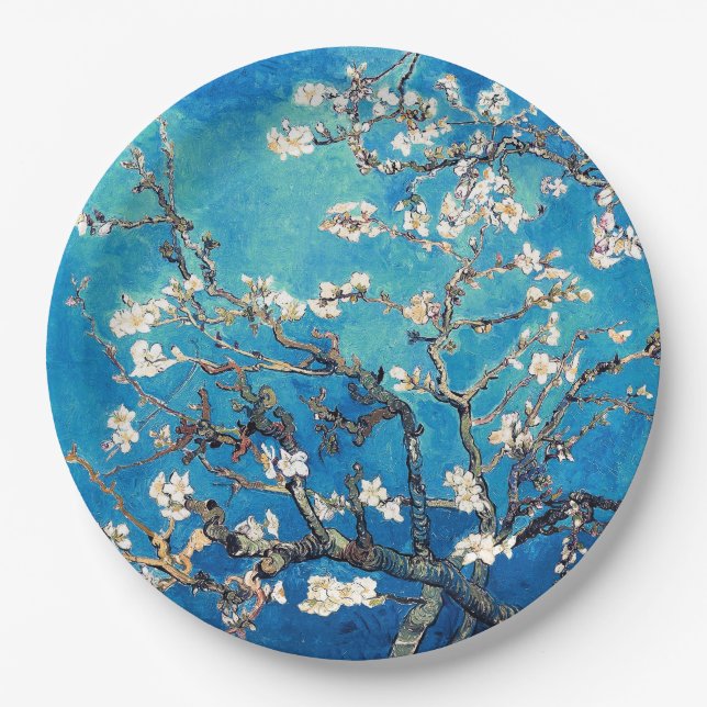 Plato De Papel Flores de almendro de Van Gogh turquesa brillante (Anverso)