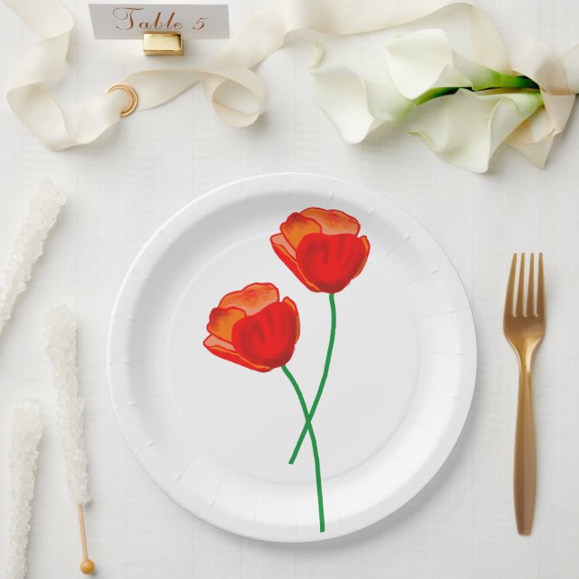 Plato De Papel Flores de amapola roja (Boda)