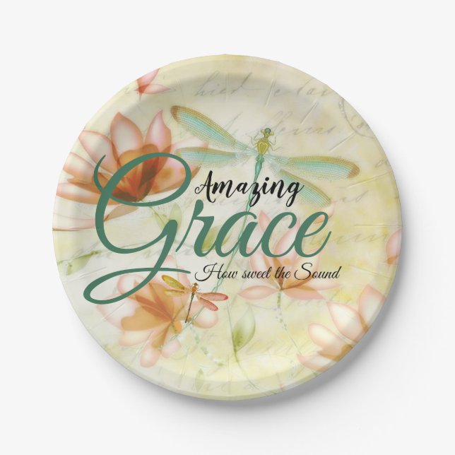 Plato De Papel Flores de Amazing Grace y libélula   (Anverso)