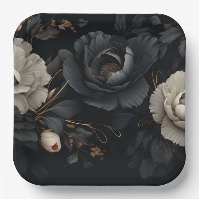 Plato De Papel Flores de blanco y negro (Anverso)