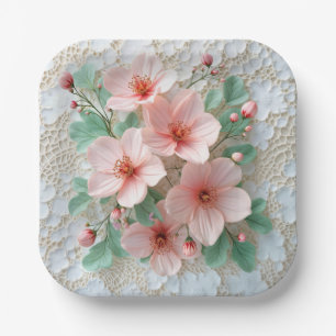 Plato De Papel Flores de boda de cosmos rosado sobre encaje