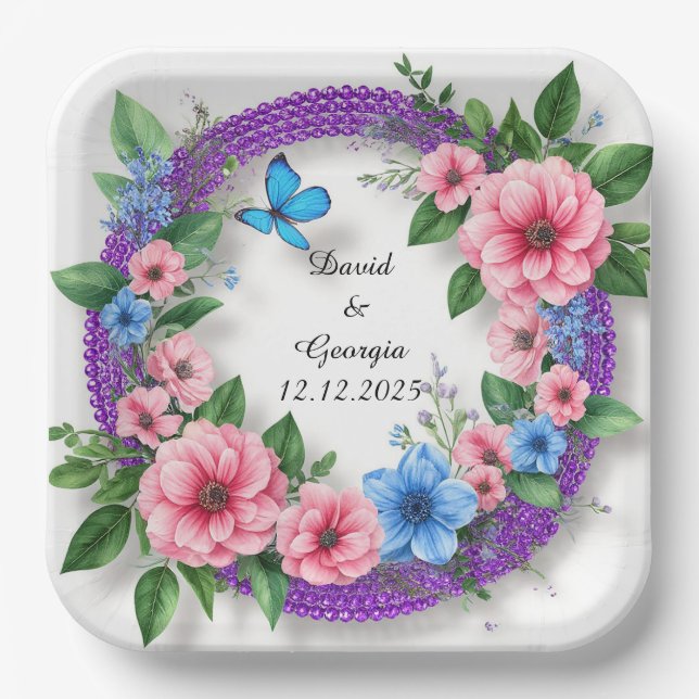 Plato De Papel Flores de Boda Marco Circular (Anverso)