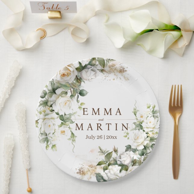 Plato De Papel Flores de bodas de rosas blancas (Boda)