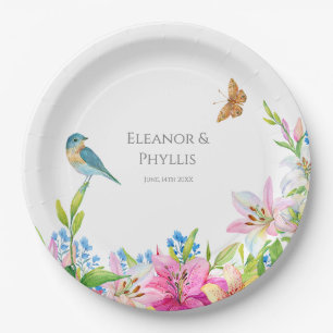 Plato De Papel Flores de bodas, lirios y pájaros acuarela