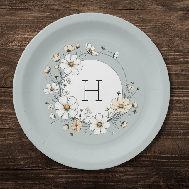 Plato De Papel Flores de Boho en monograma verde sabio personaliz (Subido por el creador)