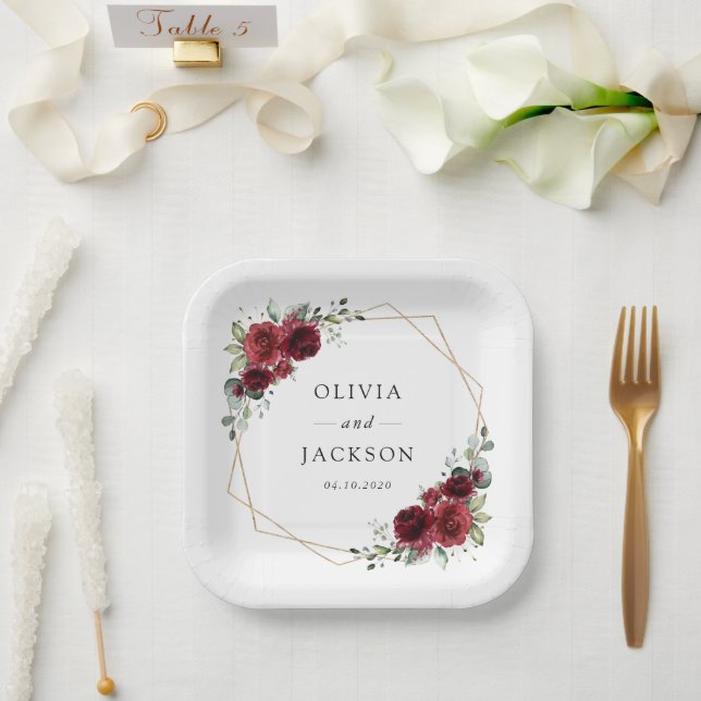Plato De Papel Flores de Borgoña, flores rojas, Boda floral (Boda)