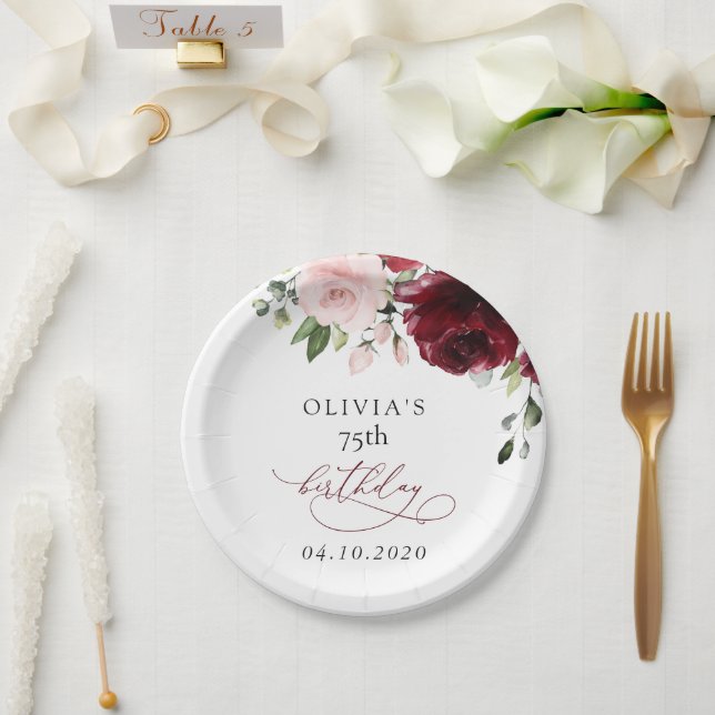 Plato De Papel Flores de Borgoña, flores rosas, boho, cumpleaños (Boda)