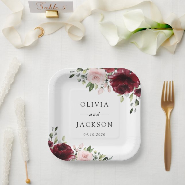 Plato De Papel Flores de Borgoña, flores rosas, vegetación, Boda (Boda)