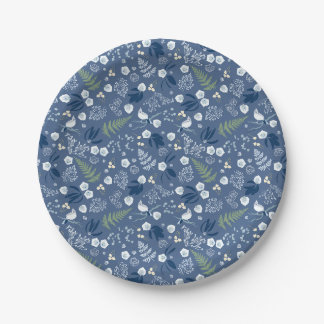 Plato De Papel Flores de bosque heladería pájaros verde azul