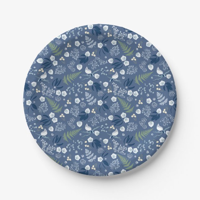 Plato De Papel Flores de bosque heladería pájaros verde azul (Anverso)
