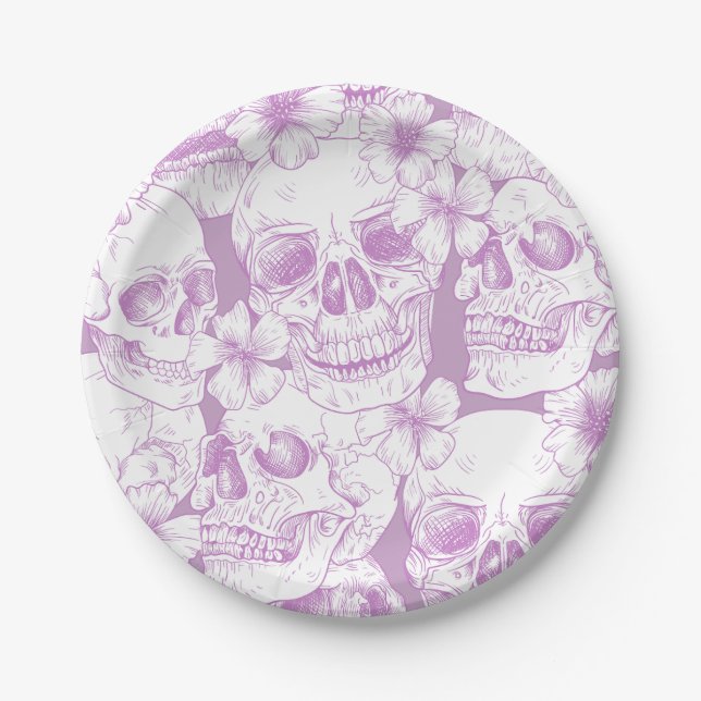 Plato De Papel flores de calavera moradas pastel esqueleto (Anverso)