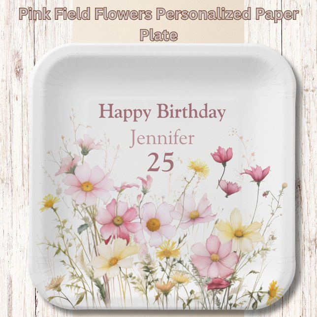 Plato De Papel Flores de campo rosadas Placa de papel personaliza (Subido por el creador)