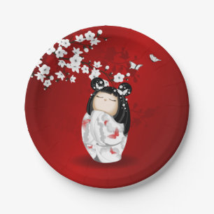 Plato De Papel Flores de cerezo blanco rojo de muñeca Kokeshi