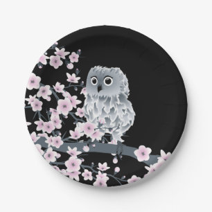 Plato De Papel Flores de cerezo de búho negro rosado