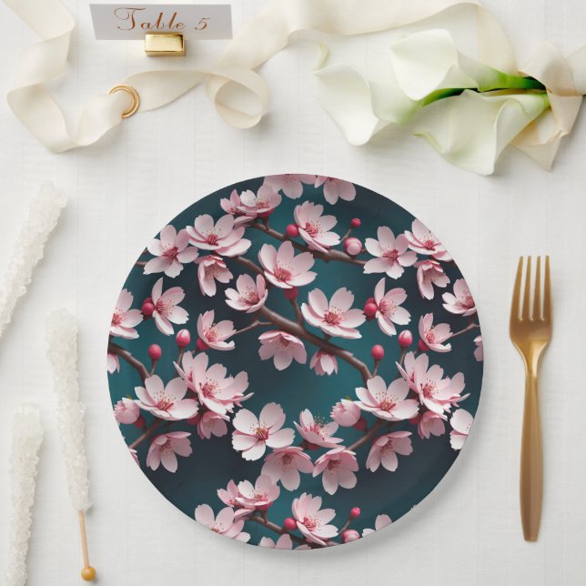 Plato De Papel Flores de cerezo rosa Verde azuladas (Boda)