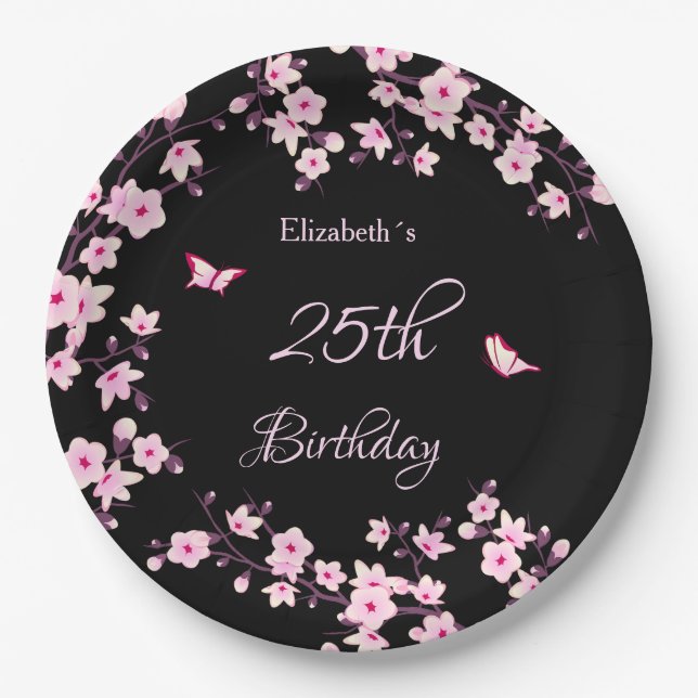 Plato De Papel Flores de Cerezo Rosadas Negras Personalizadas (Anverso)