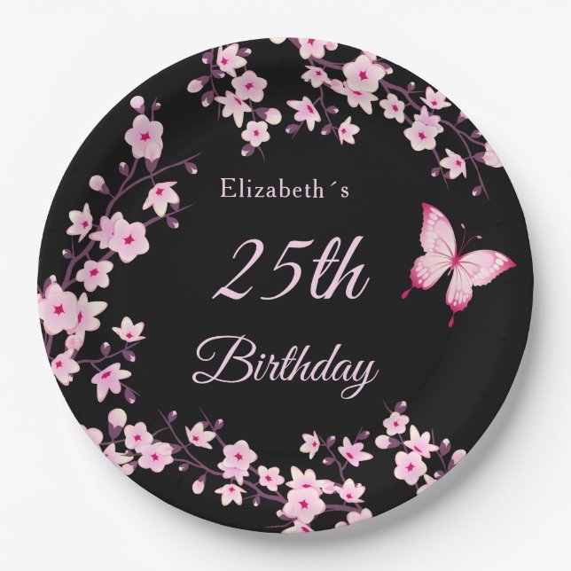 Plato De Papel Flores de Cerezo Rosadas Negras Personalizadas (Anverso)
