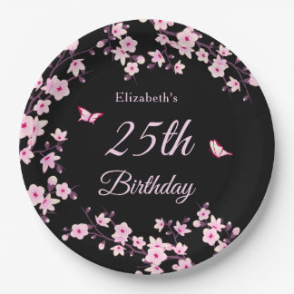 Plato De Papel Flores de Cerezo Rosadas Negras Personalizadas