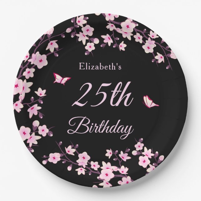Plato De Papel Flores de Cerezo Rosadas Negras Personalizadas (Anverso)
