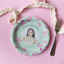 Plato De Papel Flores de cerezo rosado, verde de menta, foto