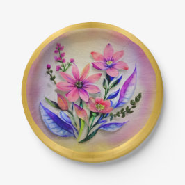 Plato De Papel Flores de color acuarela, fondo colorido