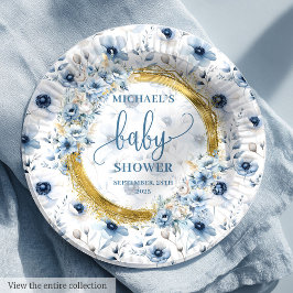 Plato De Papel Flores de color azul polvoriento preciado ducha de