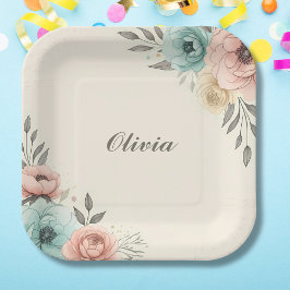 Plato De Papel Flores de color de agua delgadas y con esquinas