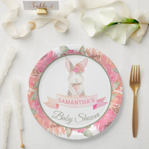 Plato De Papel Flores de color de agua dulce Bunny Baby Shower
