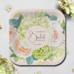 Plato De Papel Flores de color de agua Rubor ducha de novia rosa<br><div class="desc">Hermosa acuarela de hortensias blancas y verdes,  rosas rosadas y cremas,  margaritas,  flores pequeñas y hojas en rosa rubor,  personaliza estos platos de papel cuadrado para tu ducha nupcial,  fiesta de compromiso,  boda o cualquier ocasión con tus detalles en letras de moda. COINCIDIENDO elementos de nuestra colección.</div>