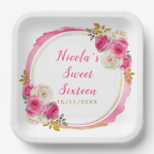 Plato De Papel Flores de color rosa caliente y dorado elegantes 1