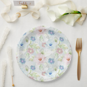 Plato De Papel Flores de color rosa y azul acuático.