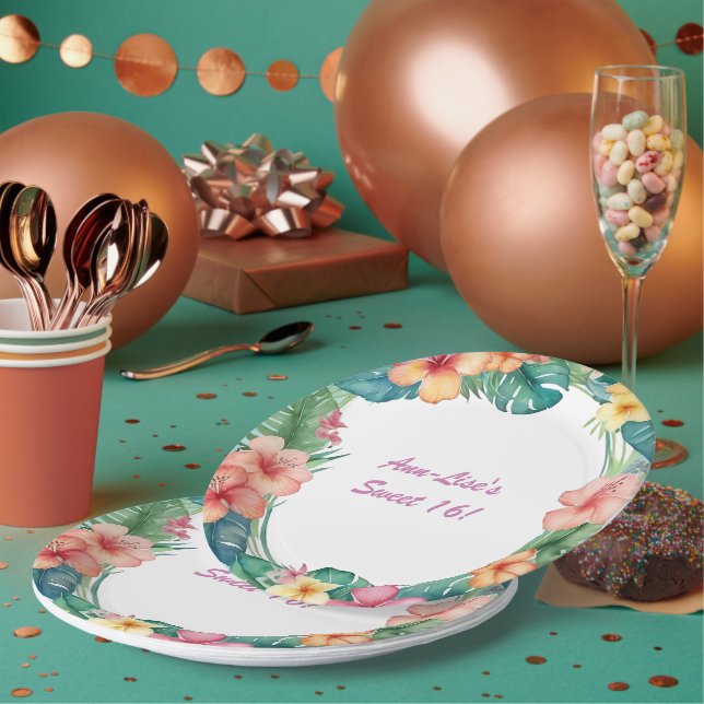 Plato De Papel Flores de colores Cumpleaños Hawái (Multi)