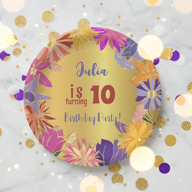 Plato De Papel Flores de contorno dorado Cumpleaños (Subido por el creador)
